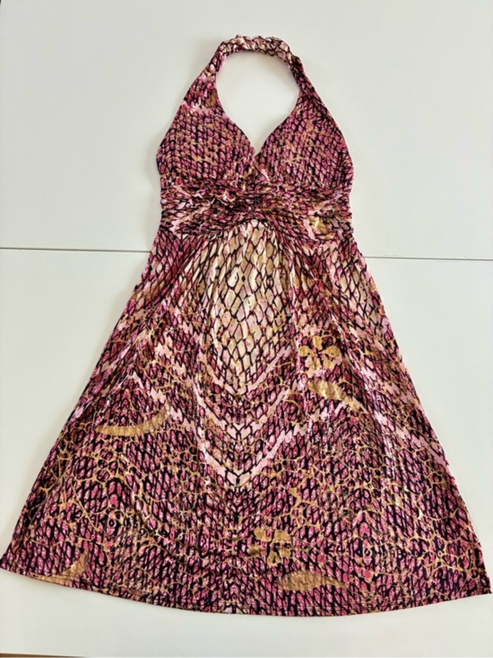 Shoreline S/M Pink & Gold Smocked Halter Print Sundress-  RUNS BIG Sheer